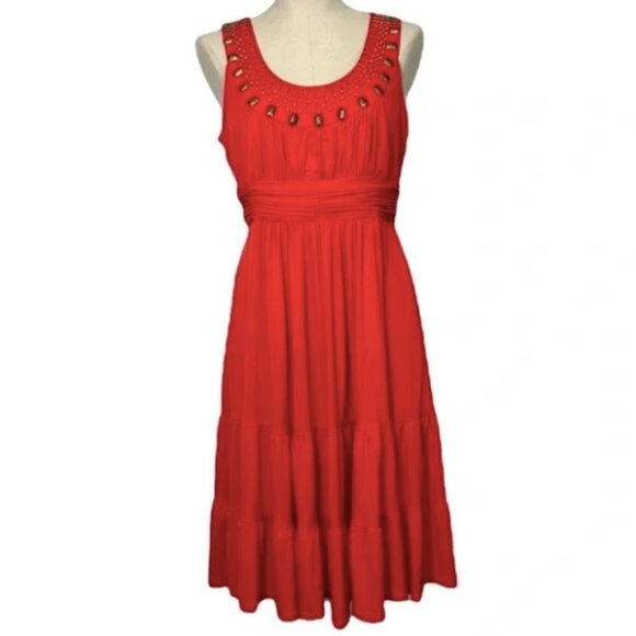 Jones Wear Beaded Ruffle Midi Dress - Red, Size 8 - Picture 1 of 10